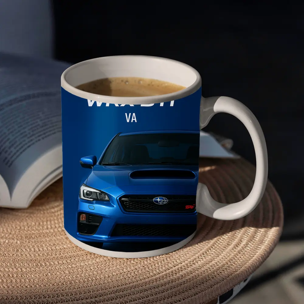 Subaru WRX STI Front View Blue Background – Mugs
