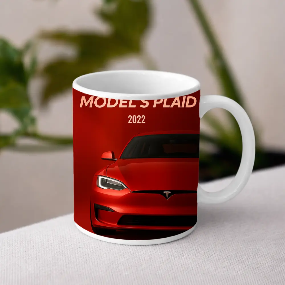 Tesla Model S Plaid Red Background Art – Mugs