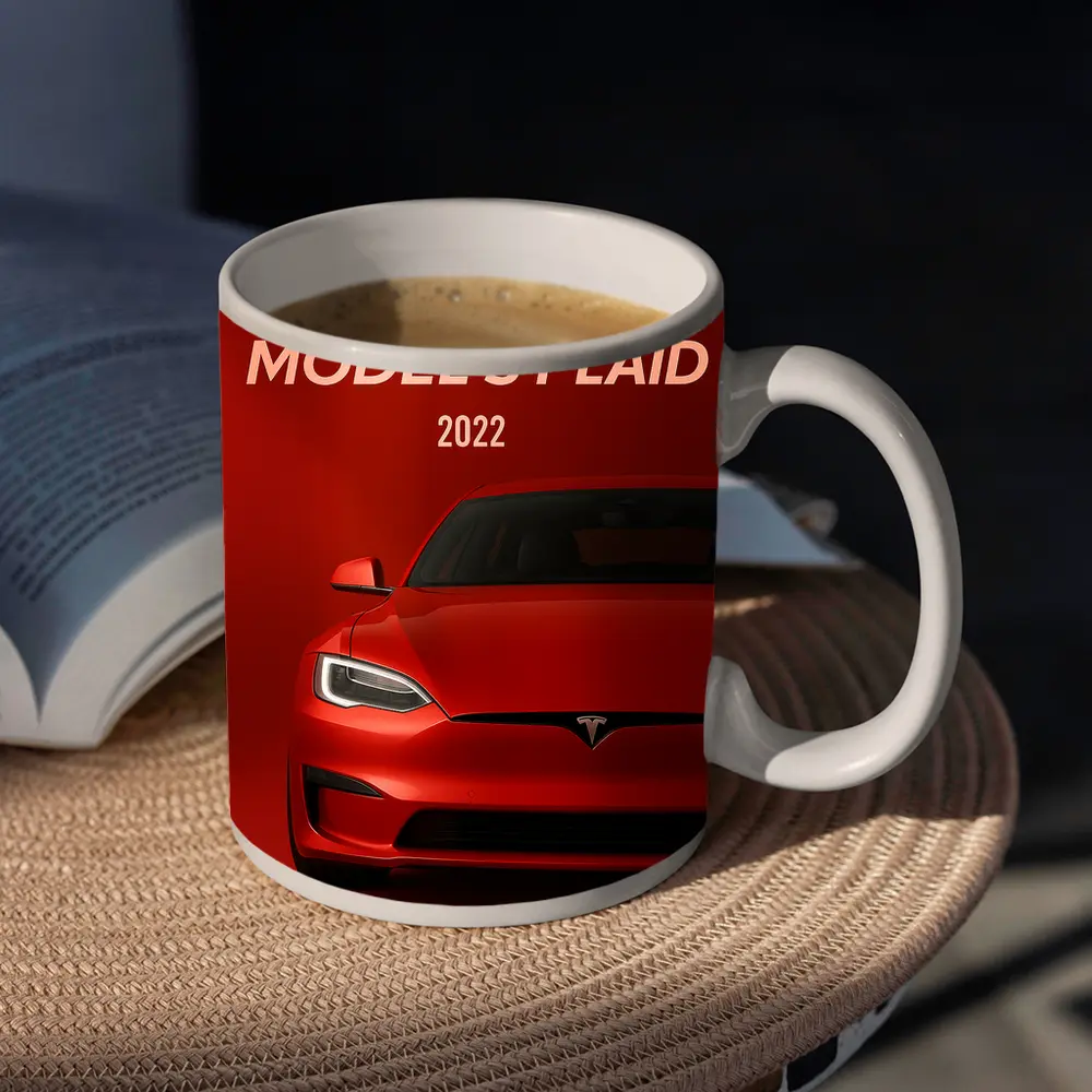 Tesla Model S Plaid Red Background Art – Mugs