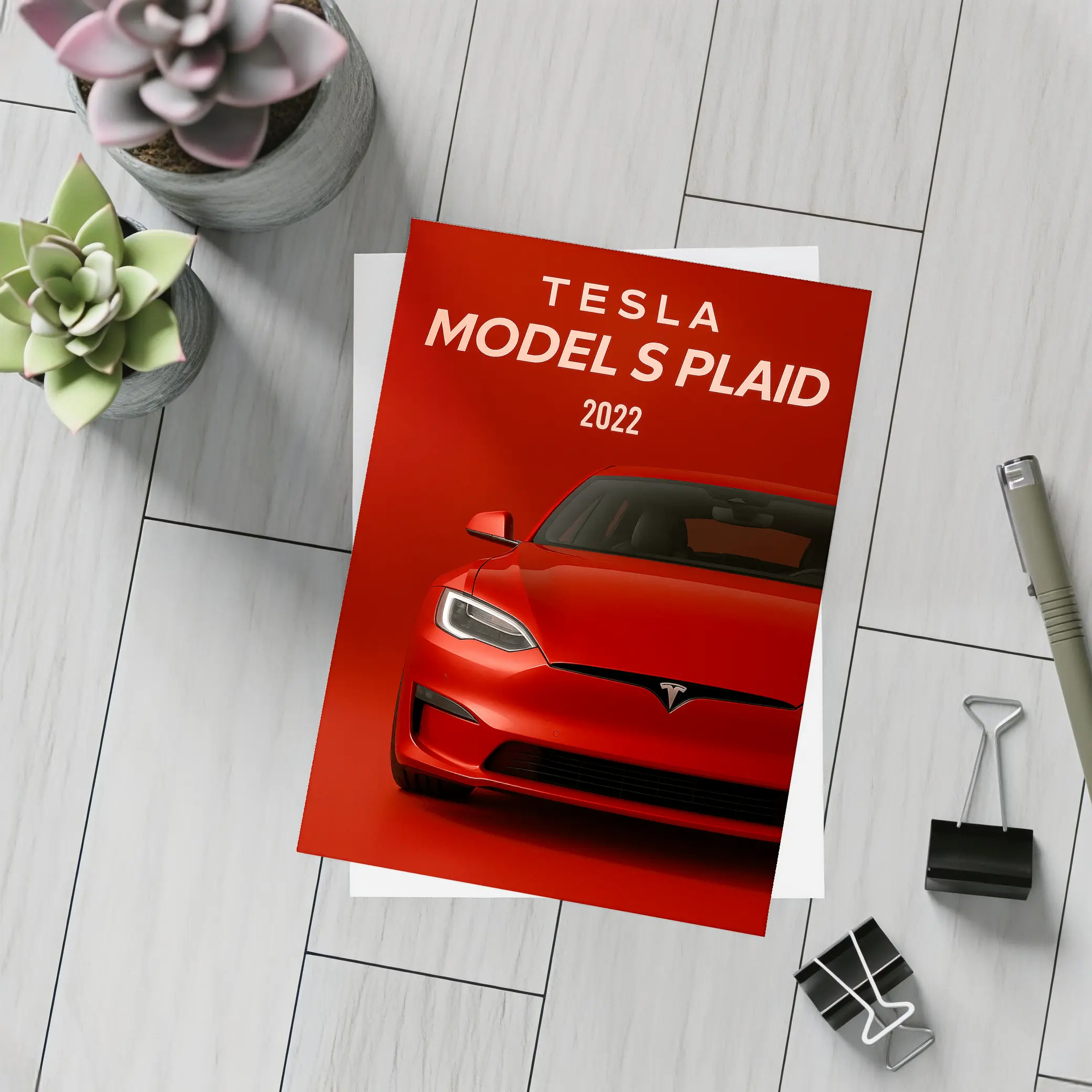 Tesla Model S Plaid Red Background Art – Postcards