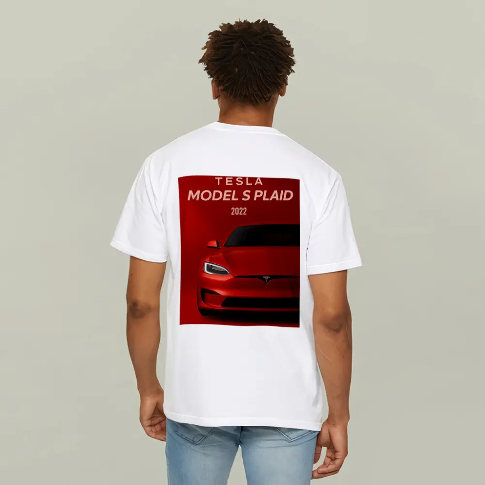 Tesla Model S Plaid Red Background Art – T-Shirts