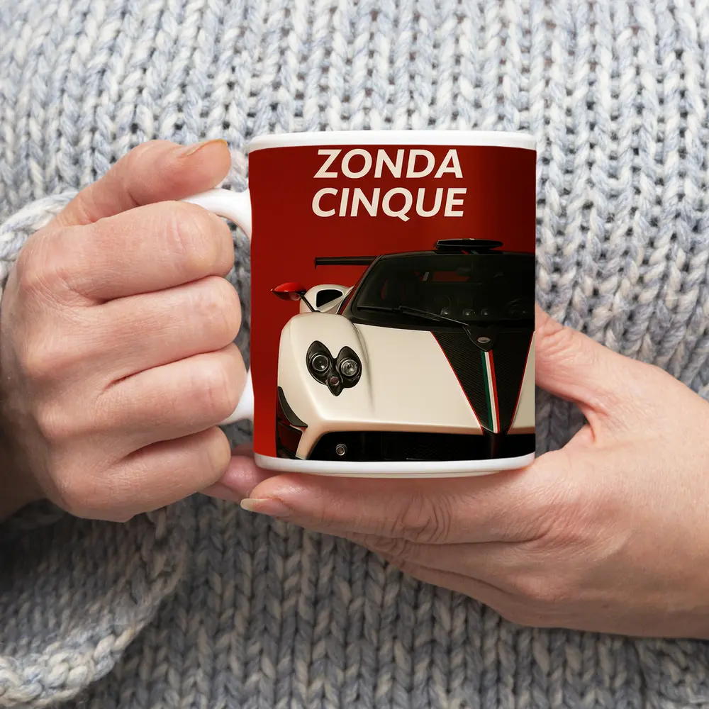 Pagani Zonda Cinque White Red Background – Mugs