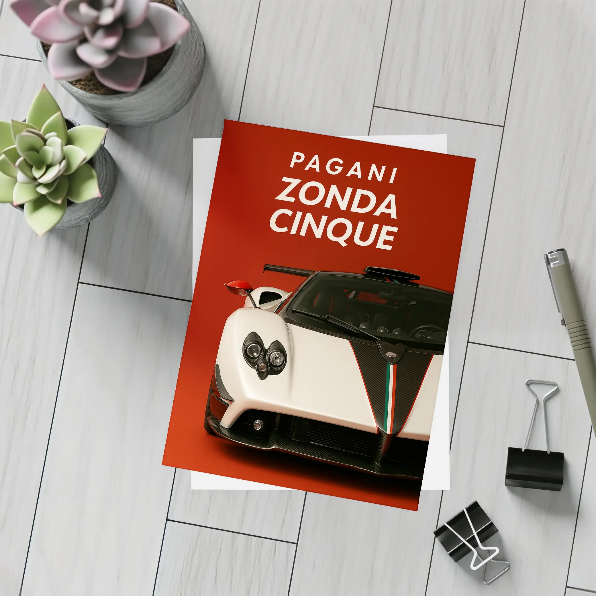 Pagani Zonda Cinque White Red Background – Postcards