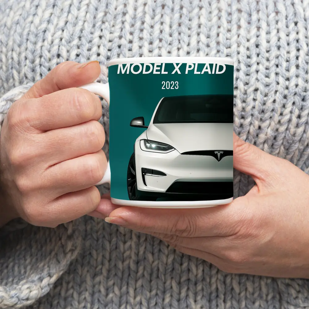 Tesla Model X Plaid White on Teal – Mugs