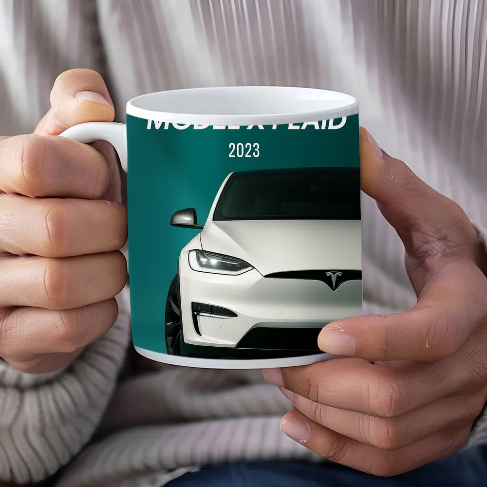 Tesla Model X Plaid White on Teal – Mugs