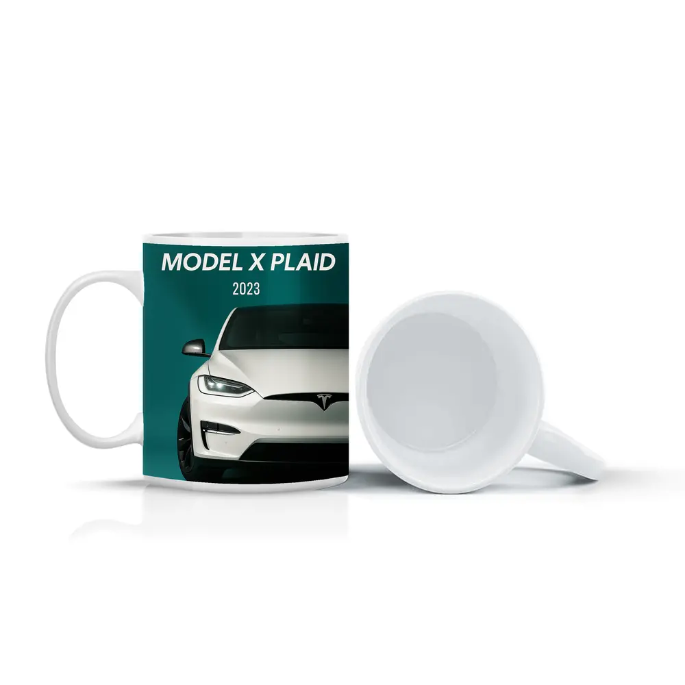 Tesla Model X Plaid White on Teal – Mugs