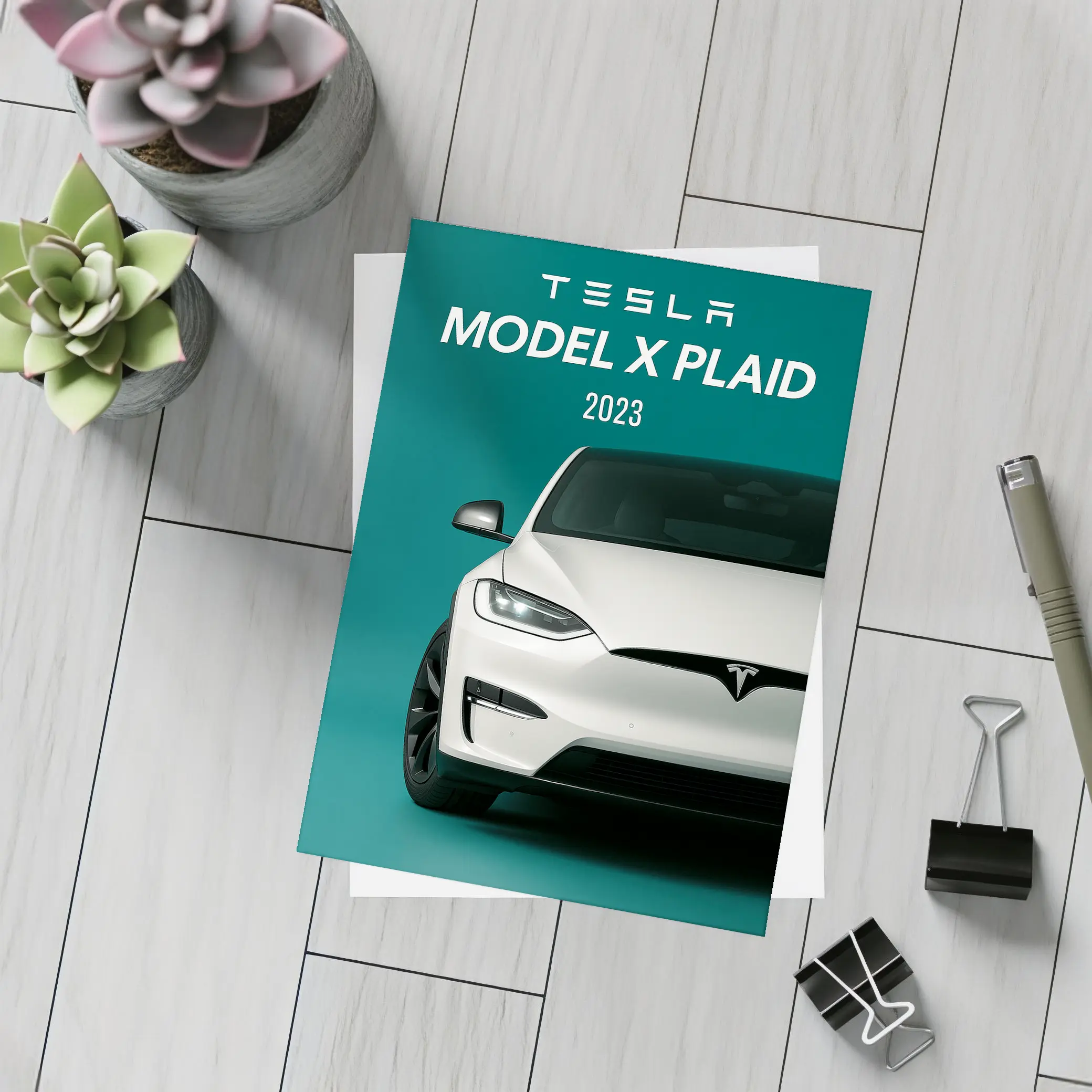 Tesla Model X Plaid White on Teal – Postcards
