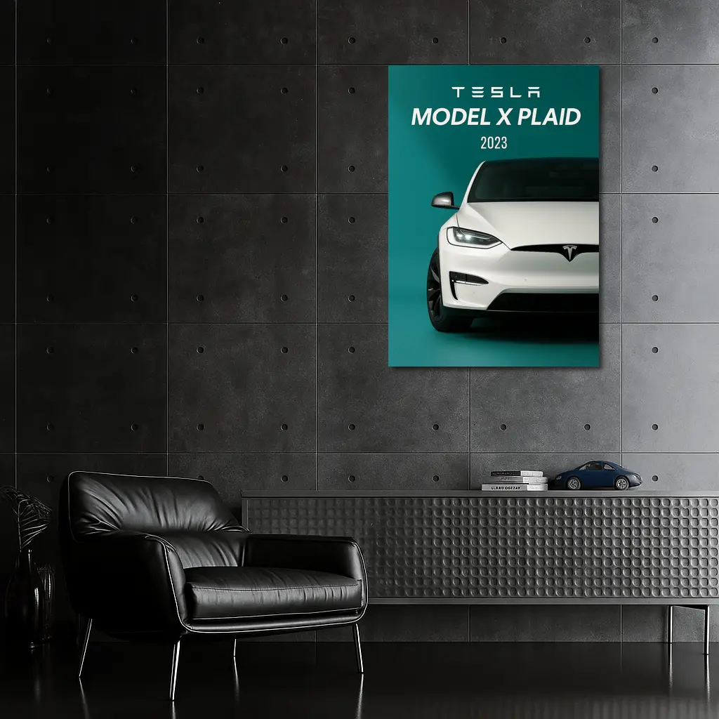 Tesla Model X Plaid White on Teal – Wall Art