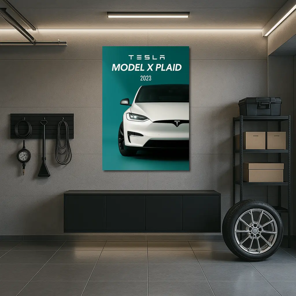 Tesla Model X Plaid White on Teal – Wall Art