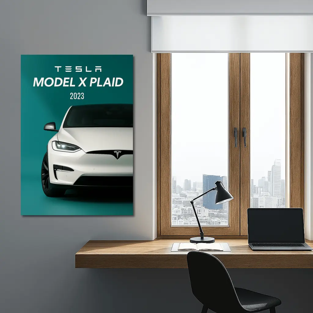 Tesla Model X Plaid White on Teal – Wall Art