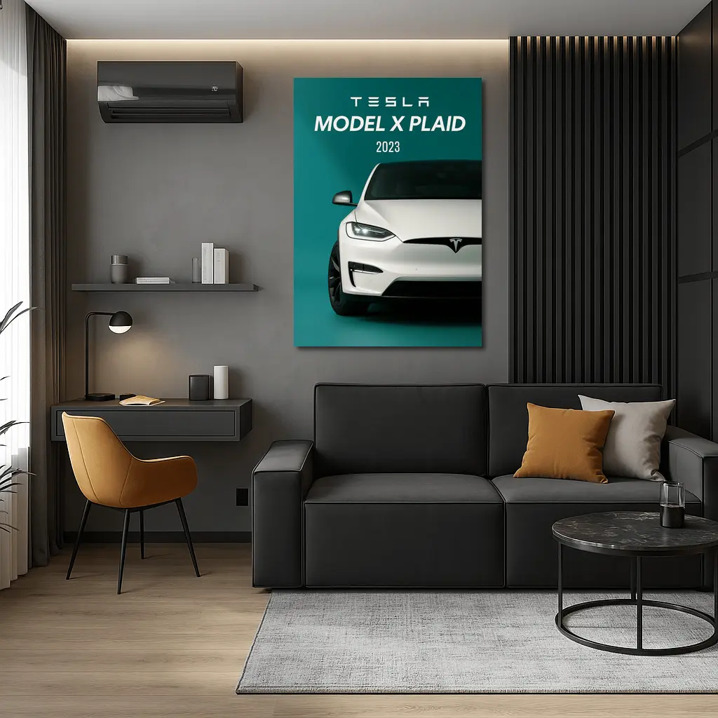 Tesla Model X Plaid White on Teal – Wall Art