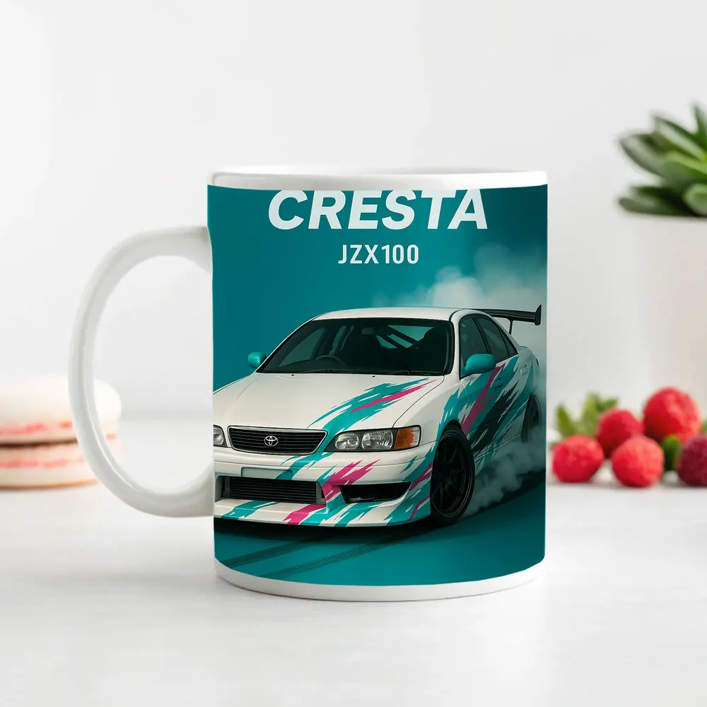 Toyota Cresta JZX100 Drifting Teal Background – Mugs
