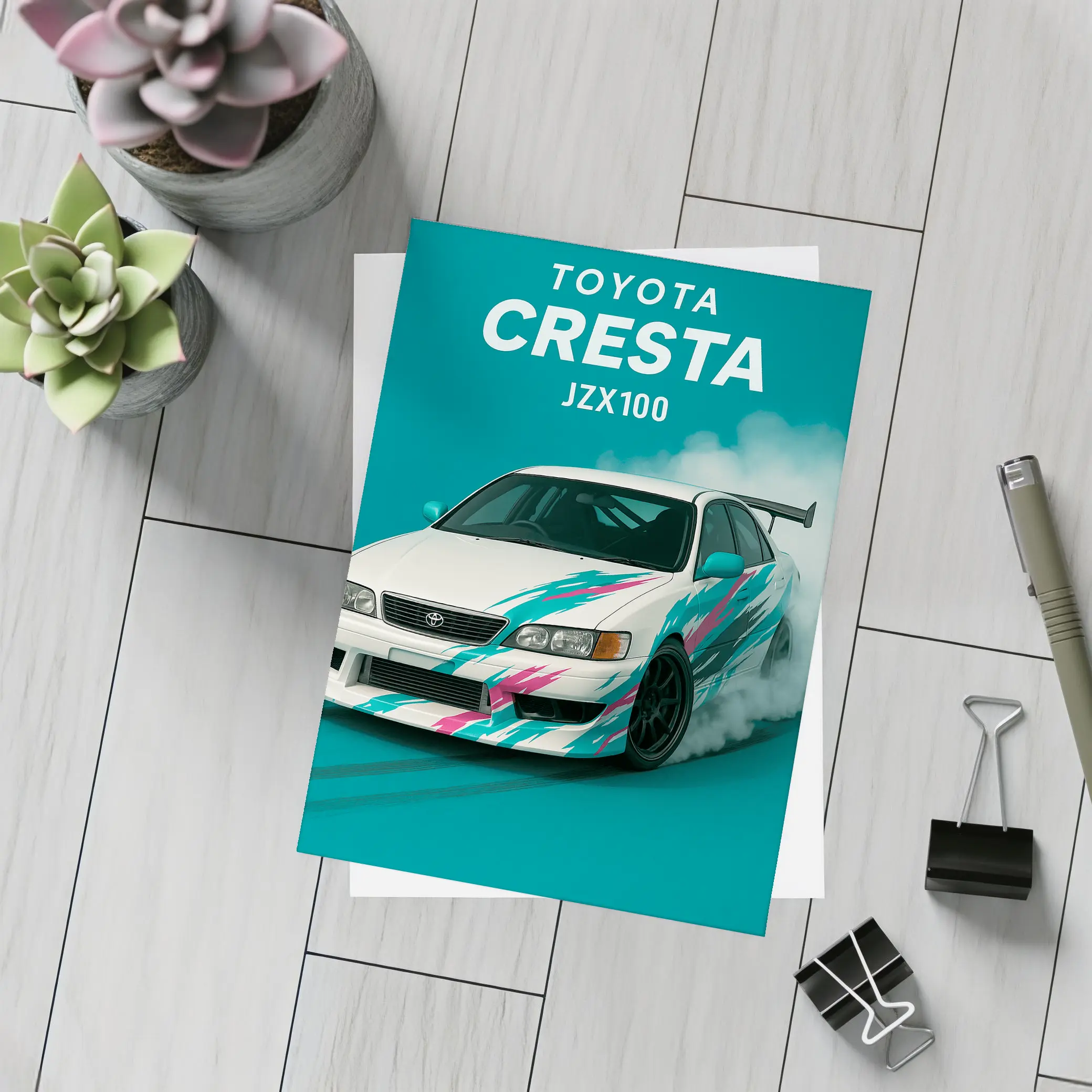 Toyota Cresta JZX100 Drifting Teal Background – Postcards