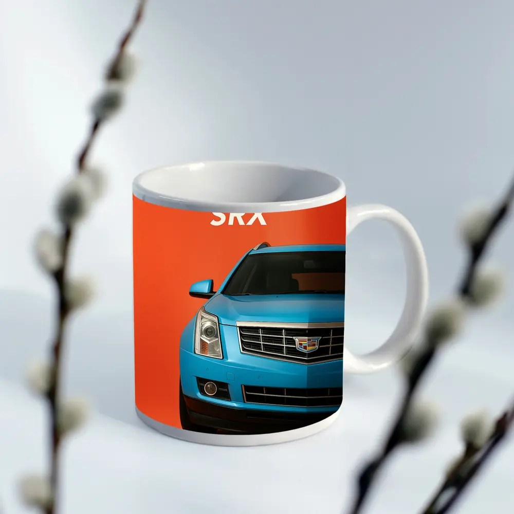 Cadillac SRX Blue Front View Orange Background – Mugs