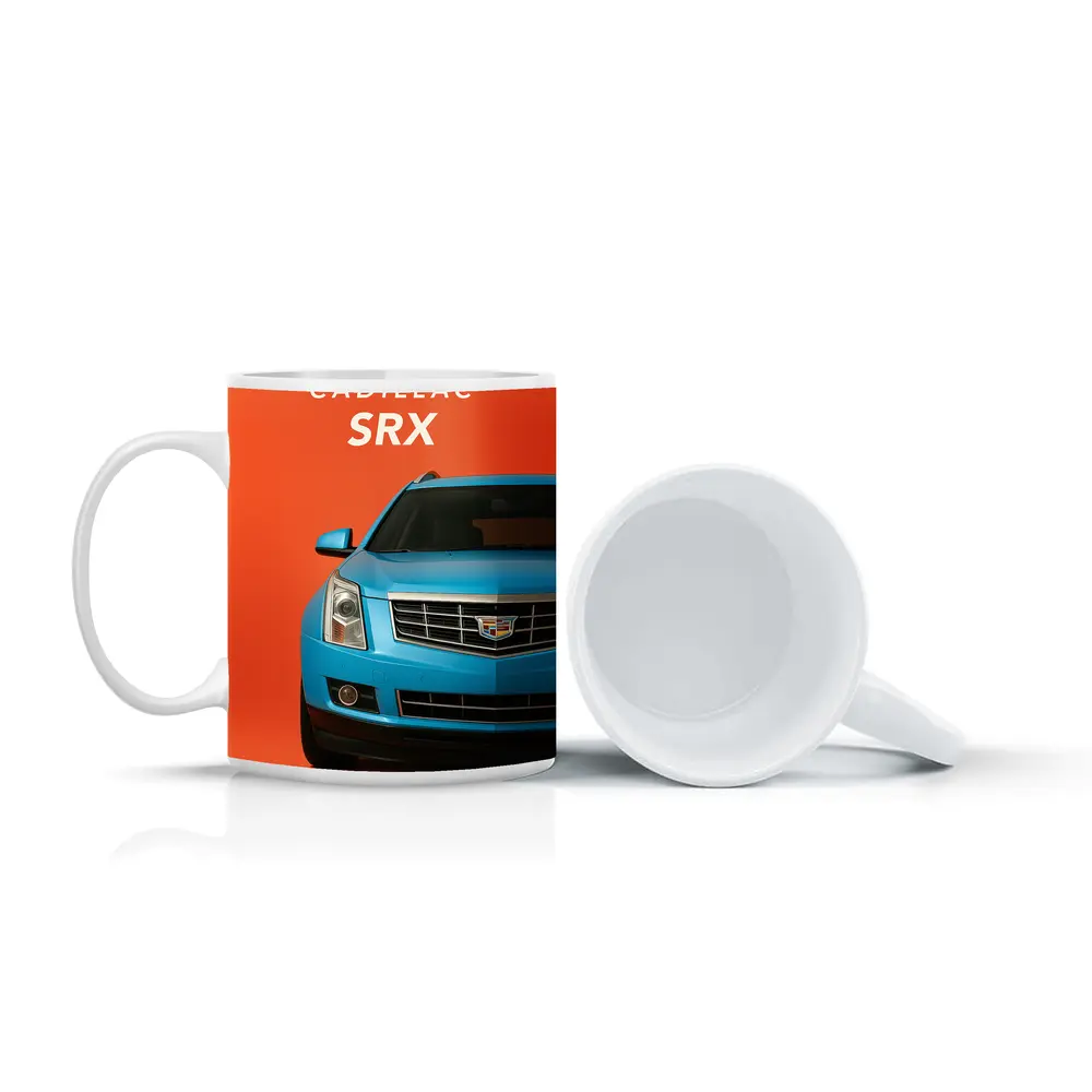 Cadillac SRX Blue Front View Orange Background – Mugs