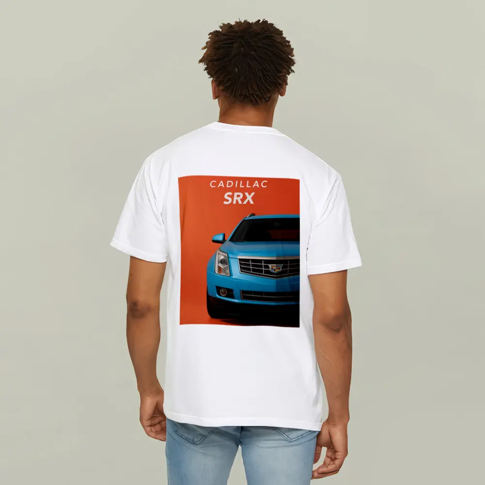 Cadillac SRX Blue Front View Orange Background – T-Shirts