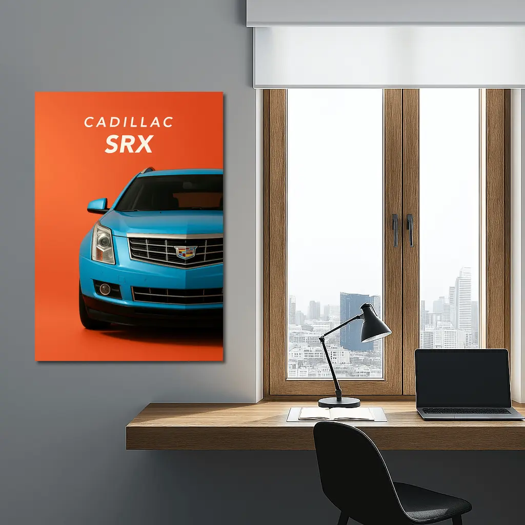 Cadillac SRX Blue Front View Orange Background – Wall Art