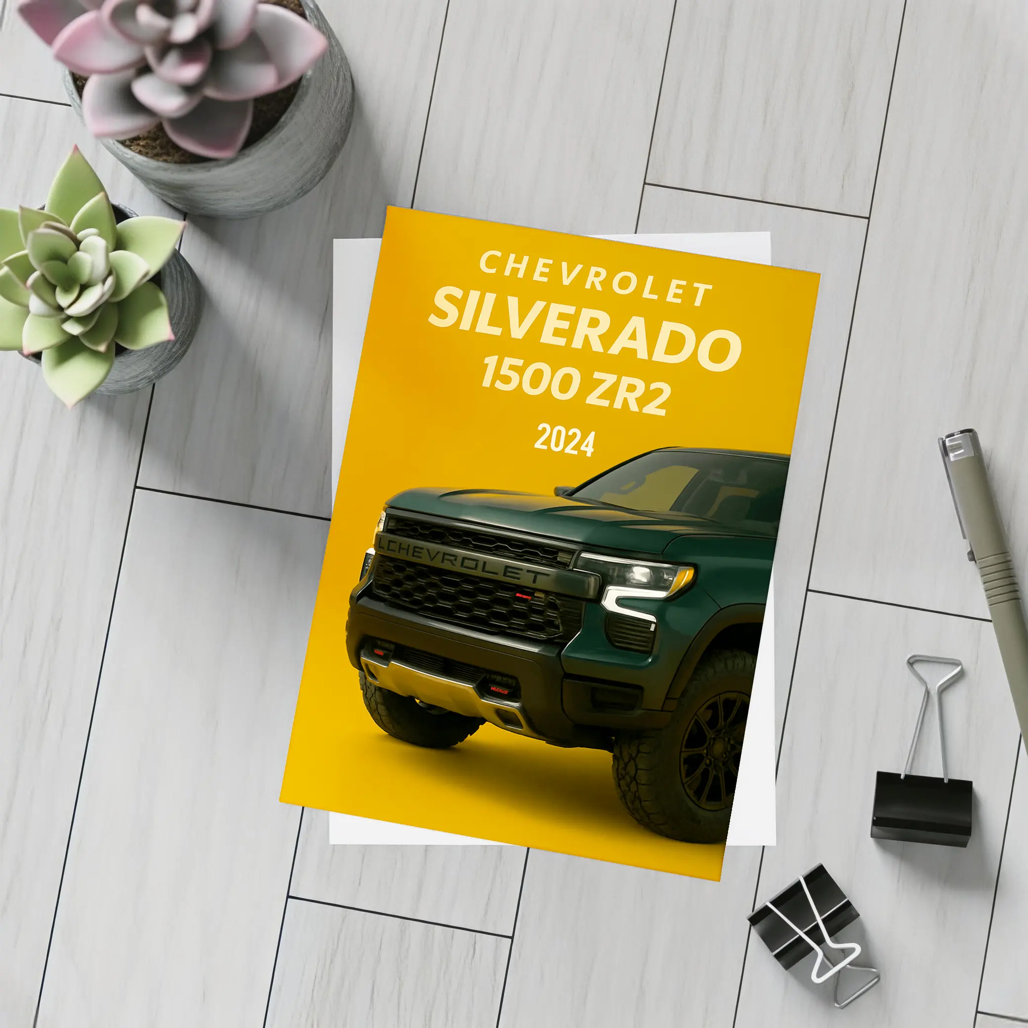 Chevrolet Silverado ZR2 Dark Green Yellow Background – Postcards