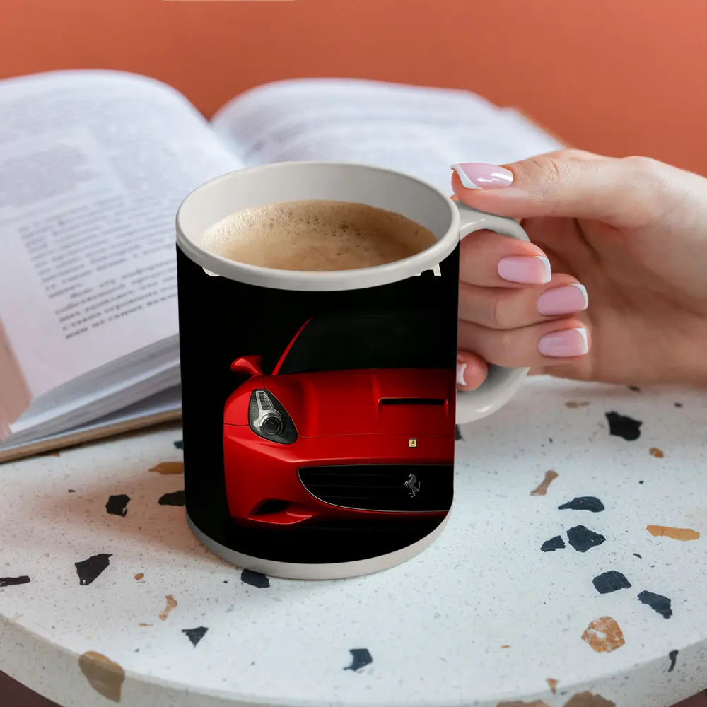 Ferrari California Red Car Dark Background – Mugs