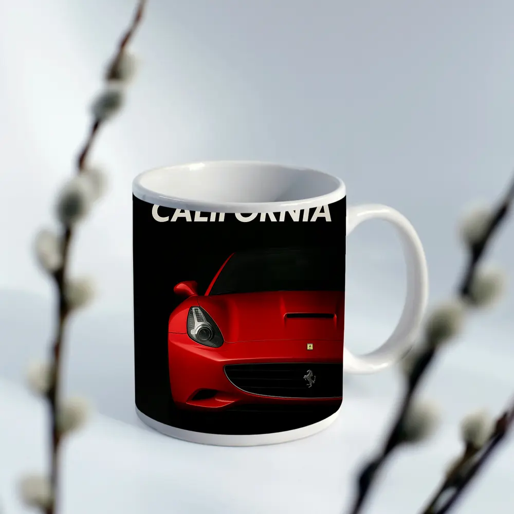 Ferrari California Red Car Dark Background – Mugs