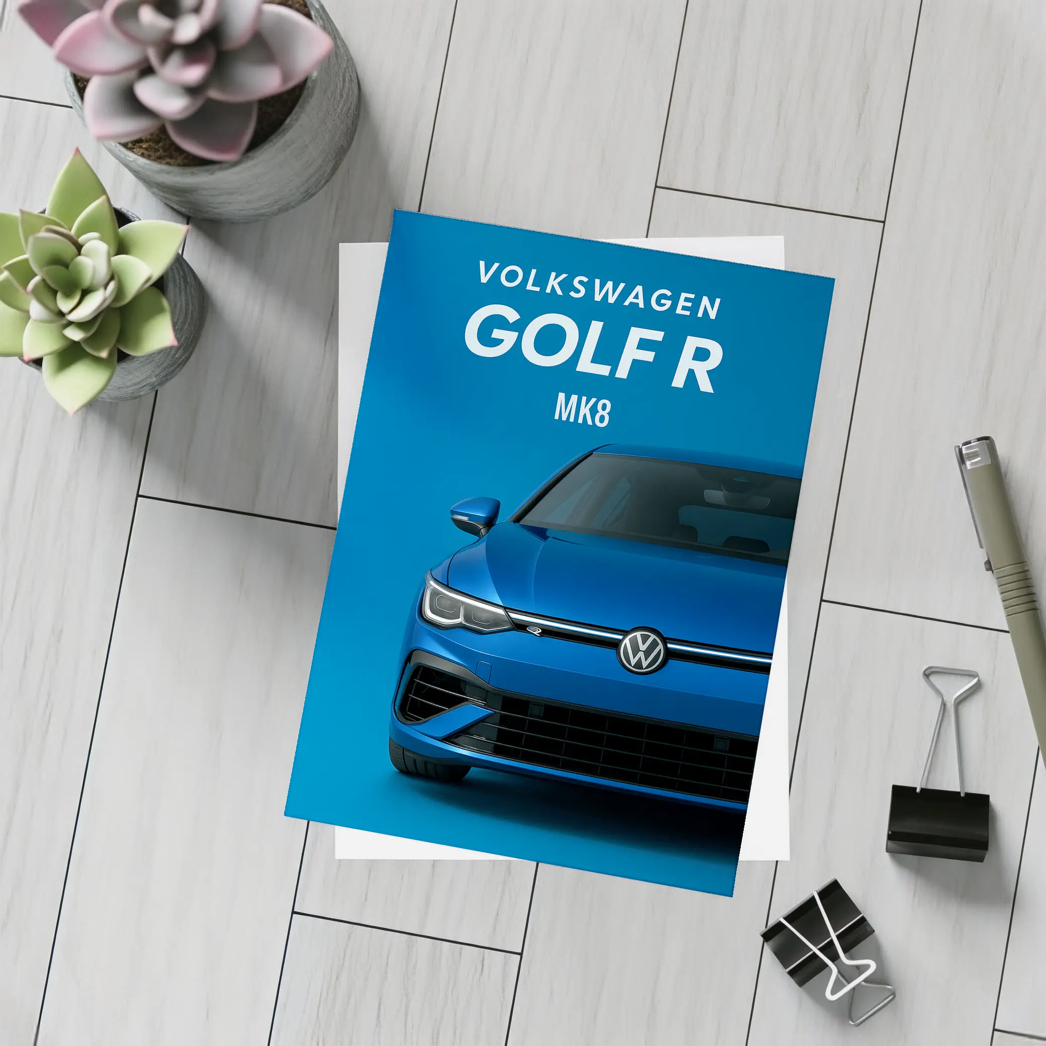 Volkswagen Golf R MK8 Blue Front View – Postcards