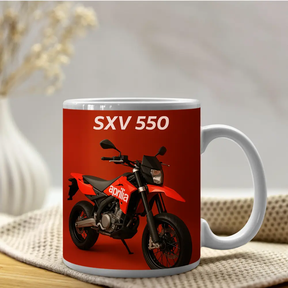 Aprilia SXV 550 Supermoto Red Background – Mugs