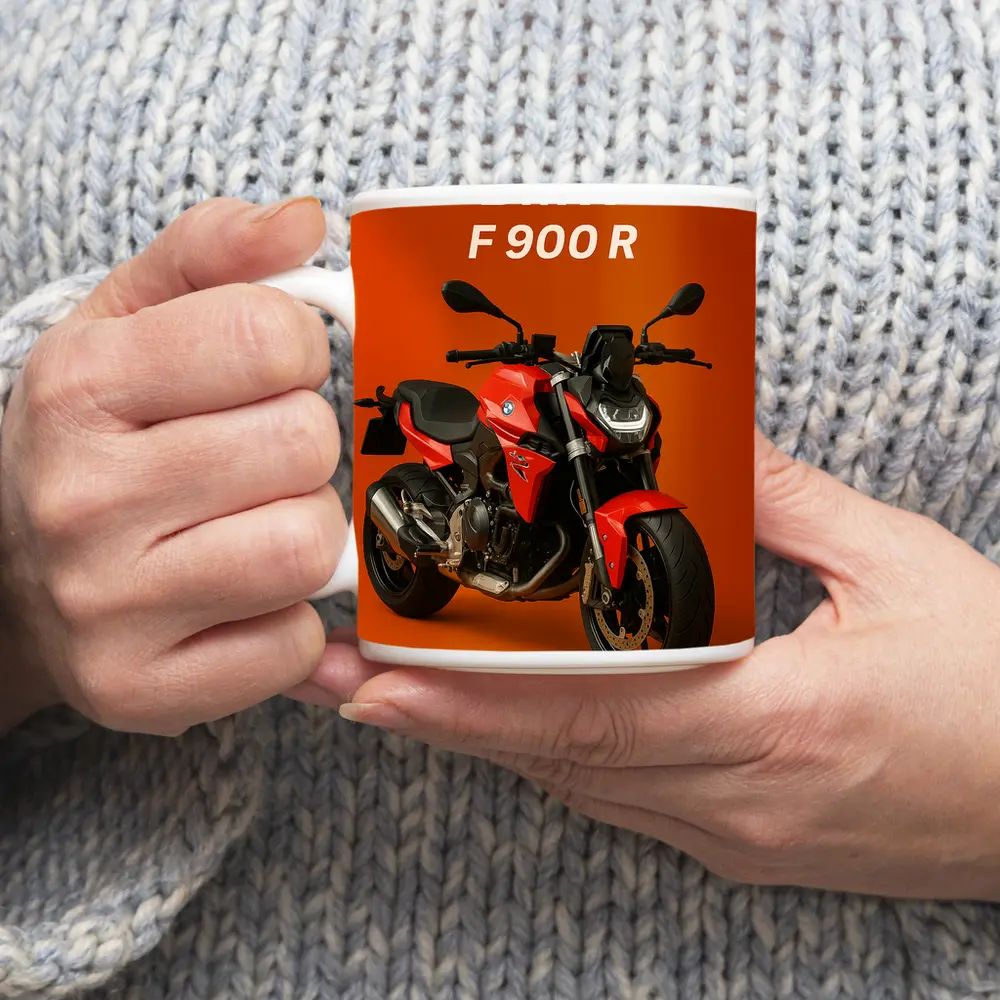 BMW F900R Red Motorcycle Orange Background – Mugs