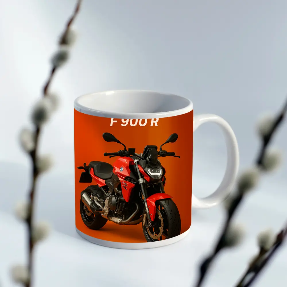 BMW F900R Red Motorcycle Orange Background – Mugs