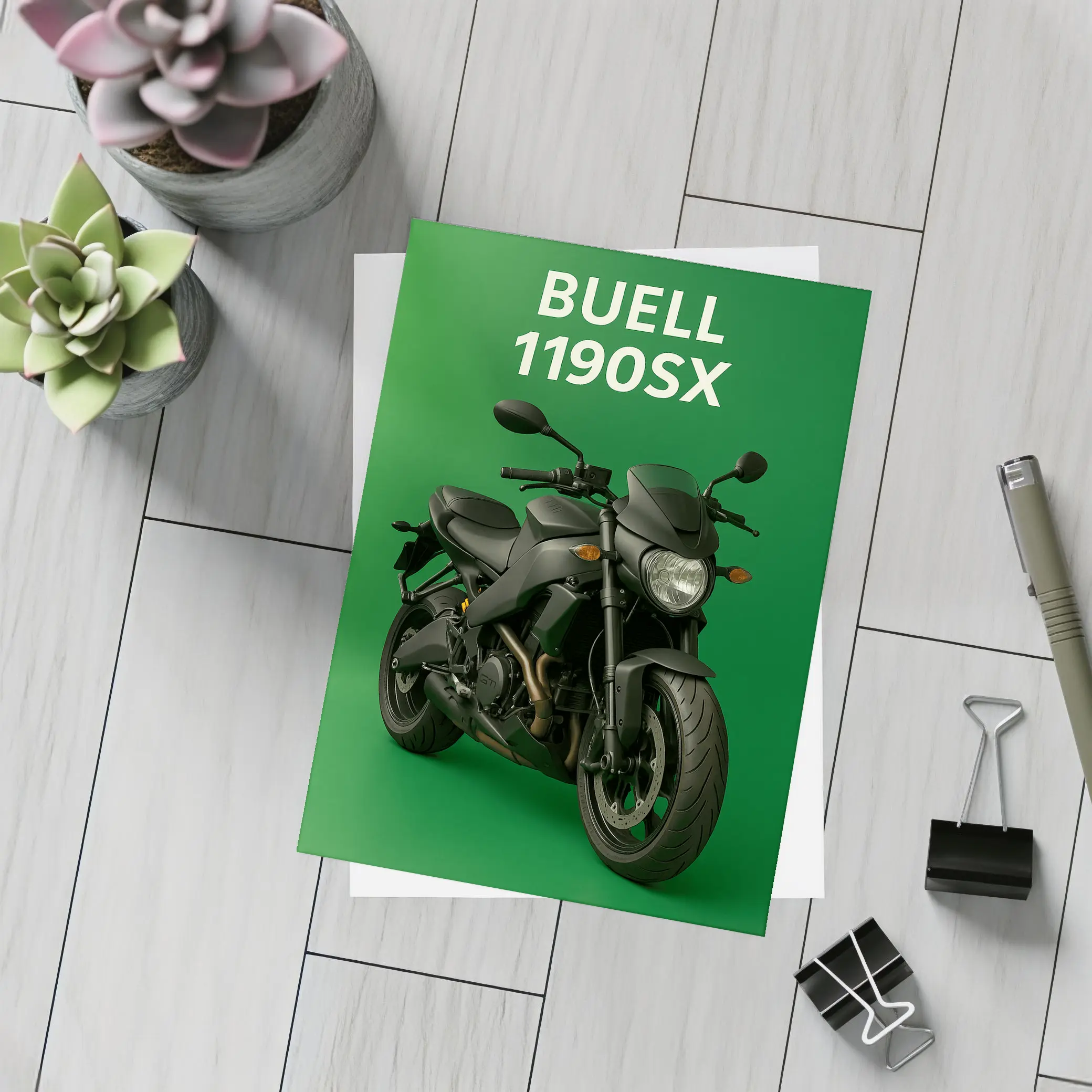 Buell 1190SX Streetfighter Motorcycle Green Background – Postcards