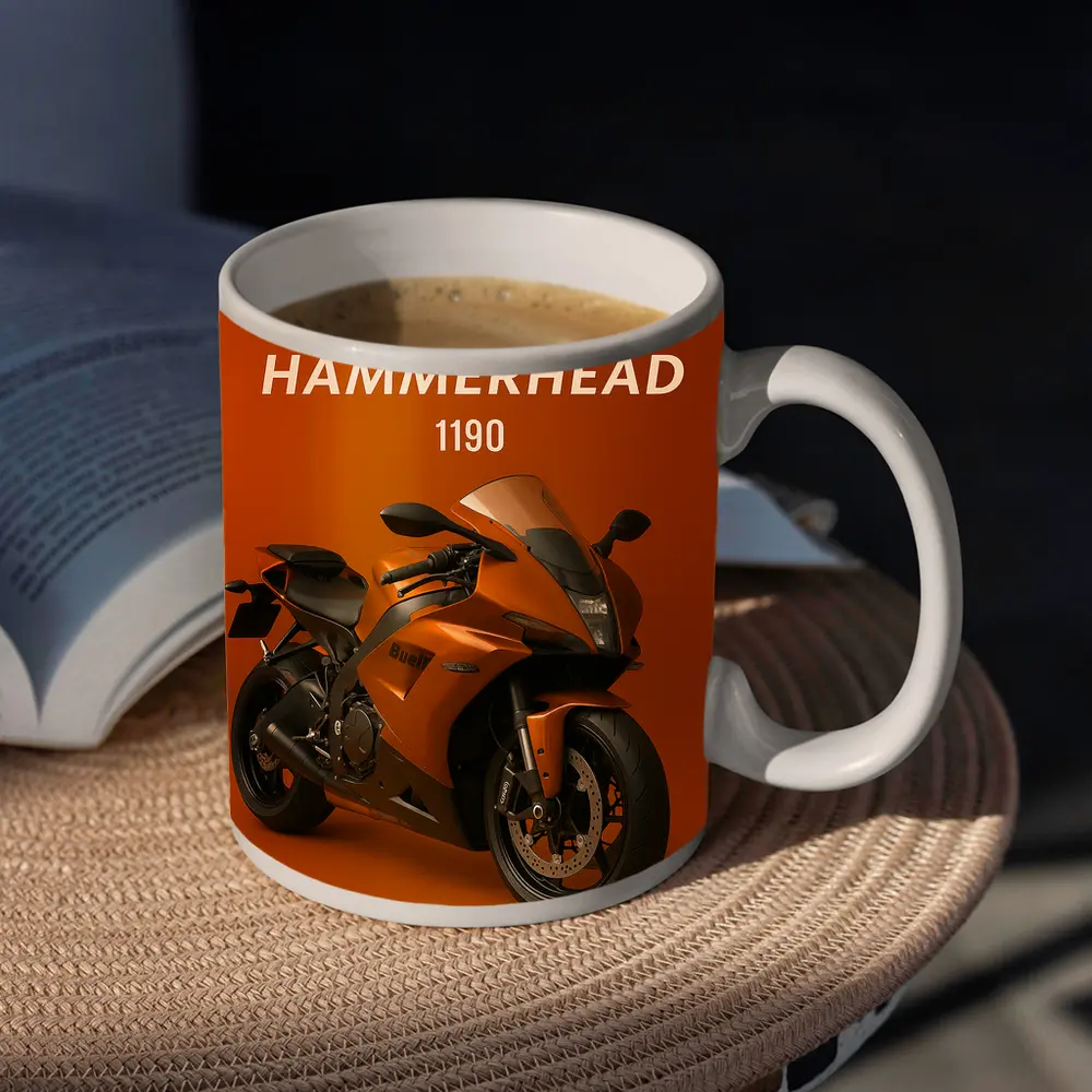 Buell Hammerhead Motorcycle Orange Bold Background – Mugs