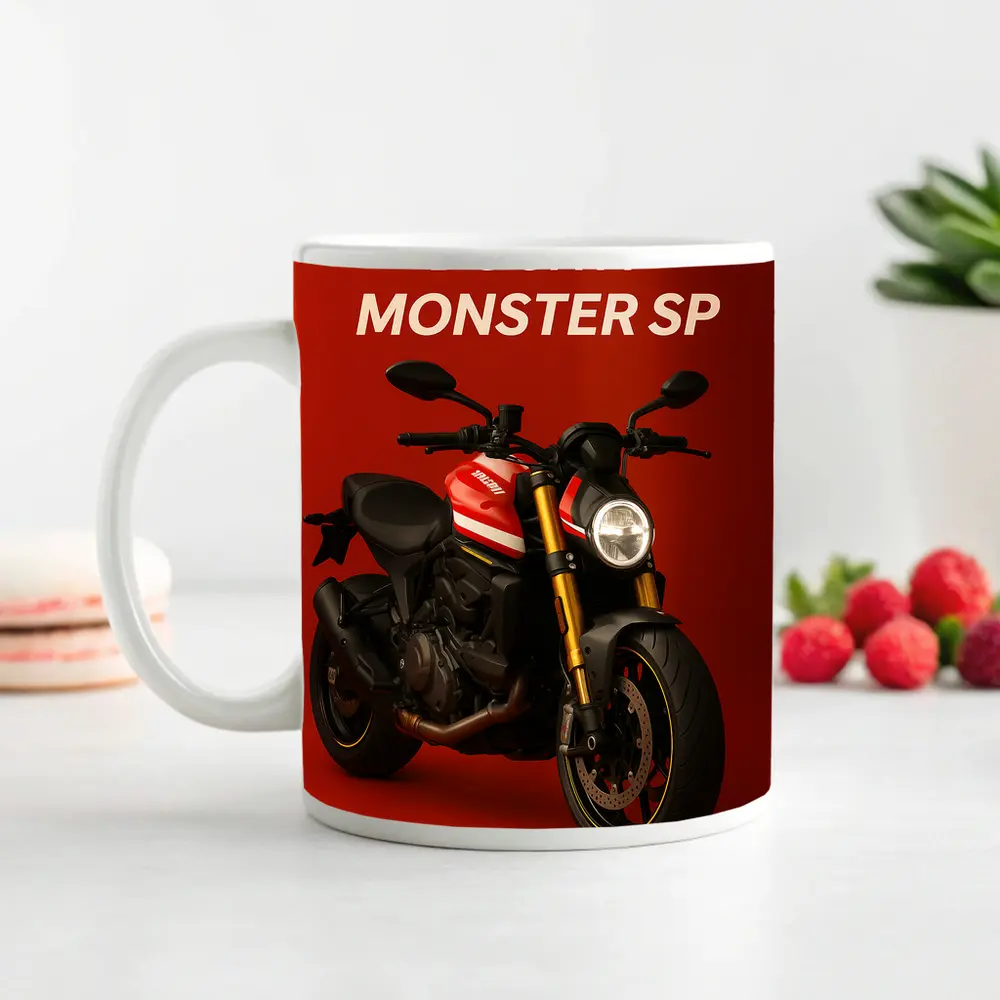 Ducati Monster SP Motorcycle Red Background – Mugs