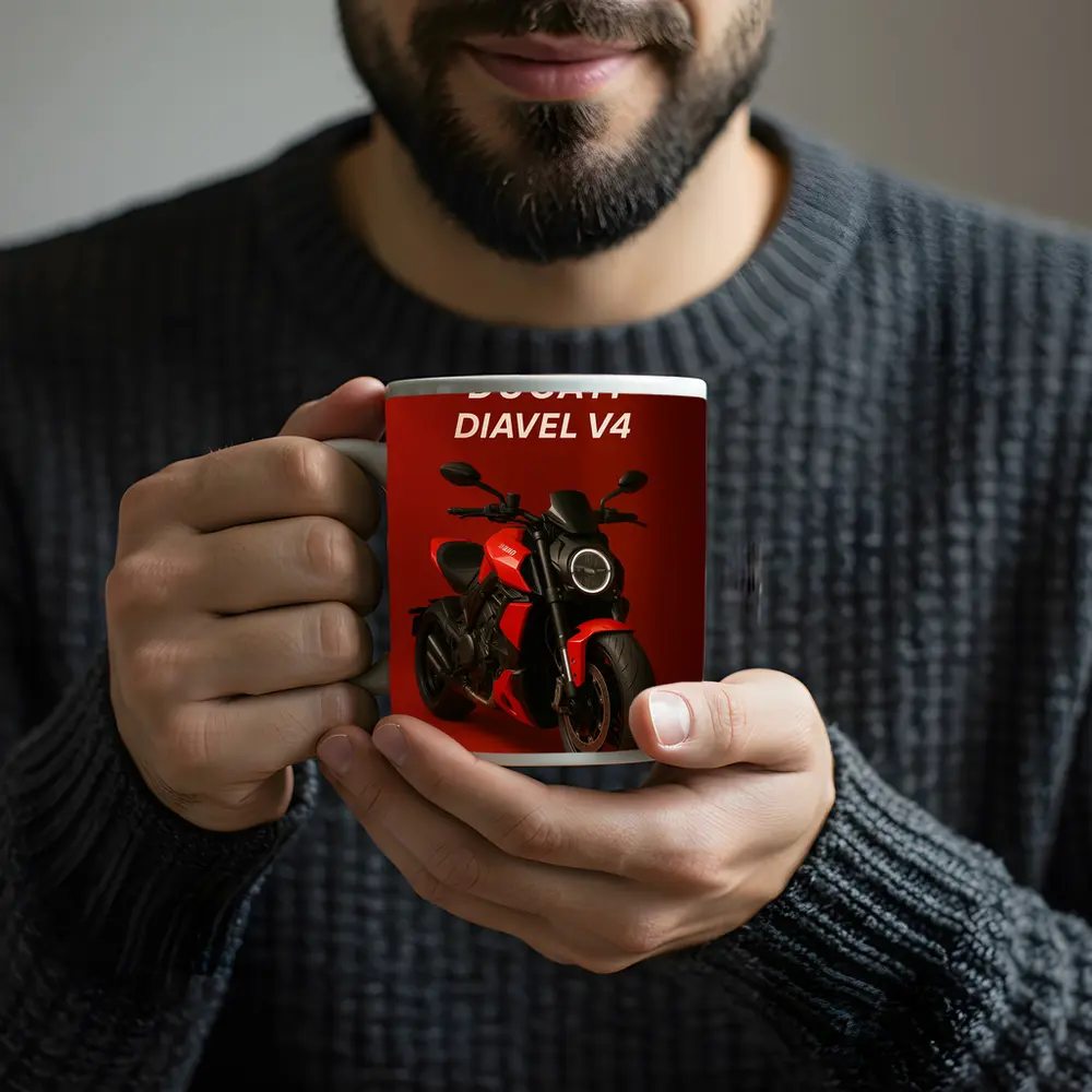 Ducati Diavel V4 Motorcycle Red Background – Mugs