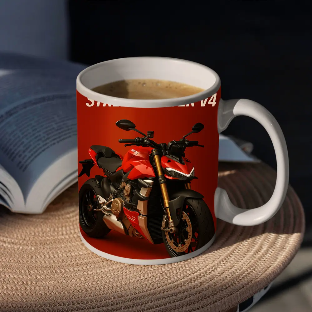 Ducati Streetfighter V4 Motorcycle Red Background – Mugs