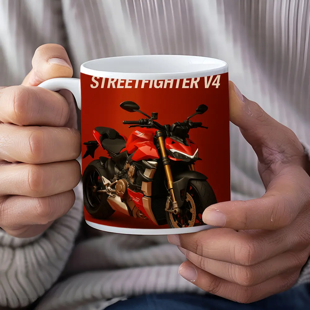 Ducati Streetfighter V4 Motorcycle Red Background – Mugs