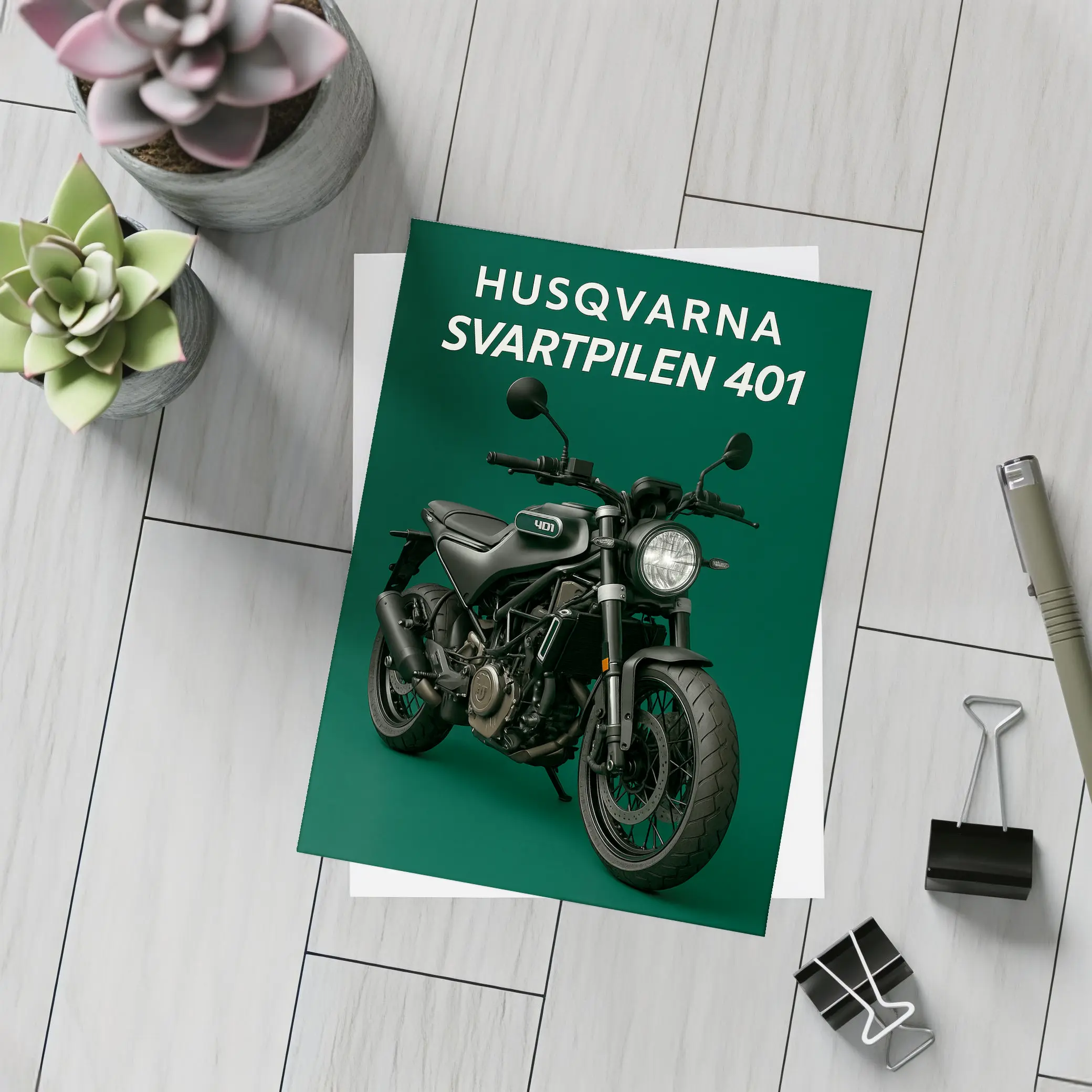 Husqvarna Svartpilen 401 Dark Green Background – Postcards