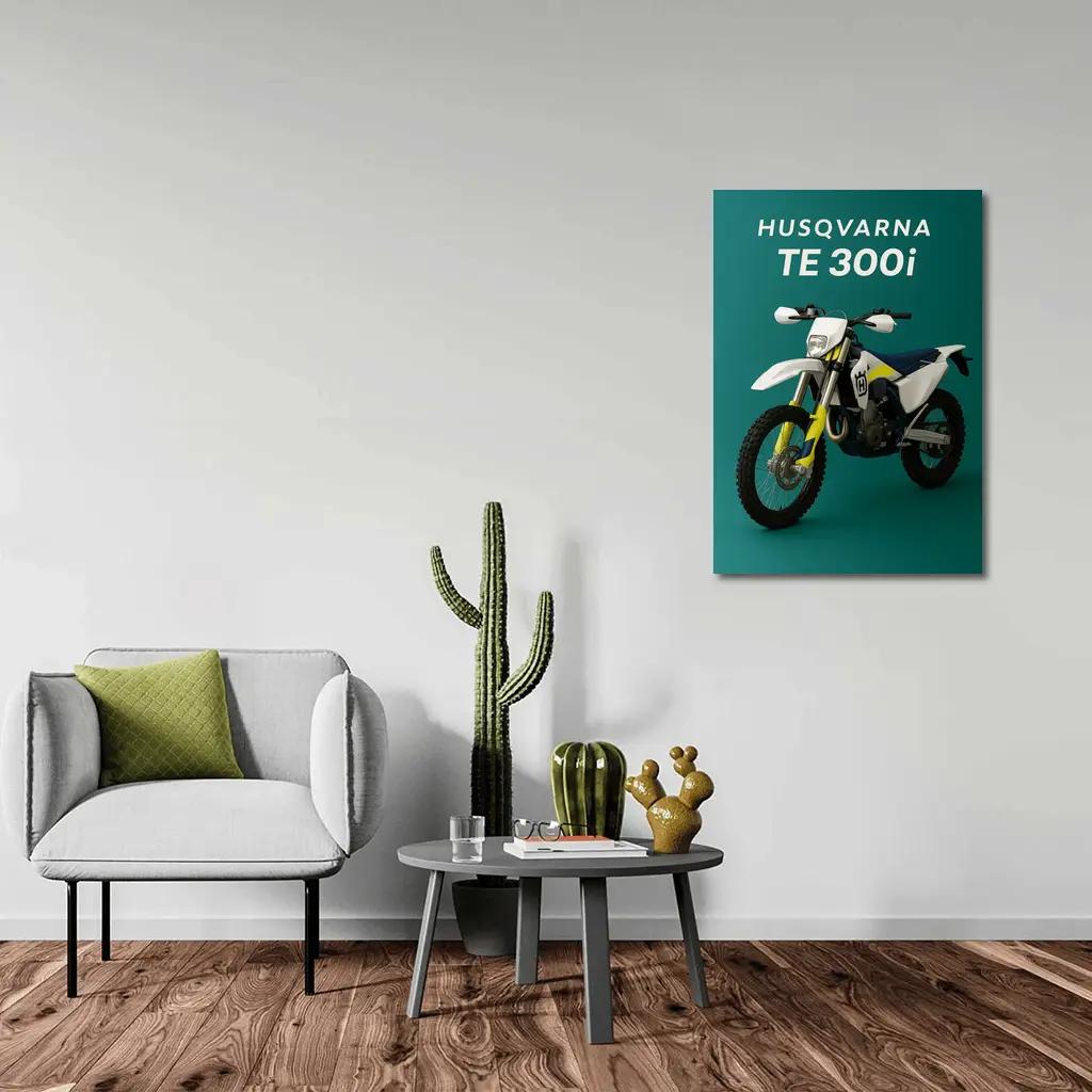 Husqvarna TE 300i Dirt Bike Teal Background – Wall Art