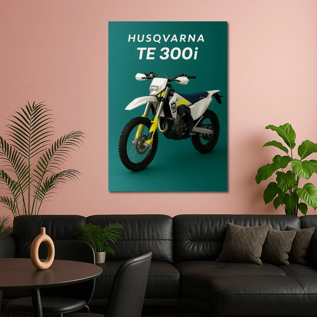 Husqvarna TE 300i Dirt Bike Teal Background – Wall Art