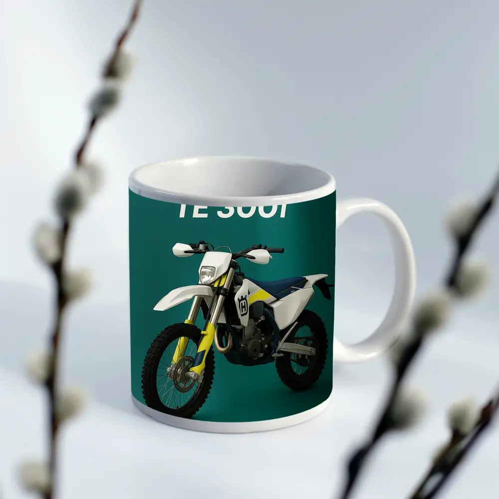 Husqvarna TE 300i Dirt Bike Teal Background – Mugs