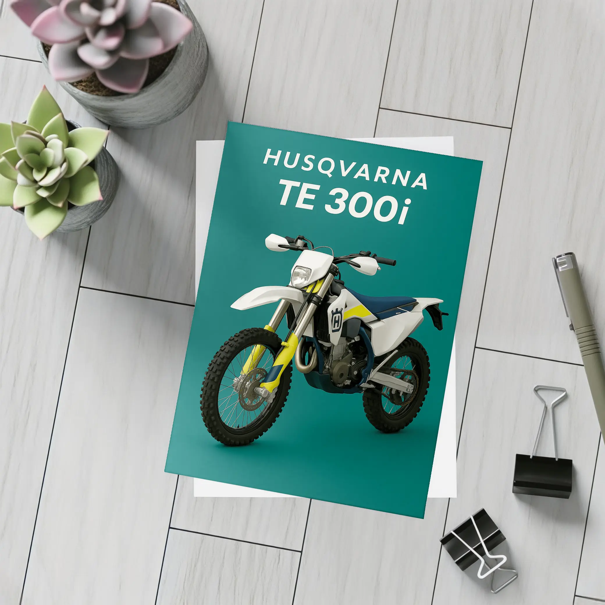 Husqvarna TE 300i Dirt Bike Teal Background – Postcards
