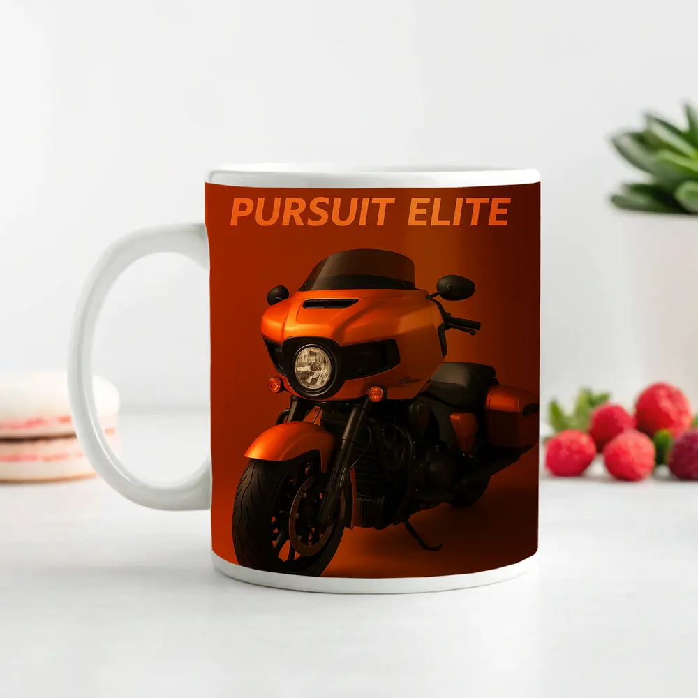 Indian Pursuit Elite Motorcycle Orange Background – Mugs