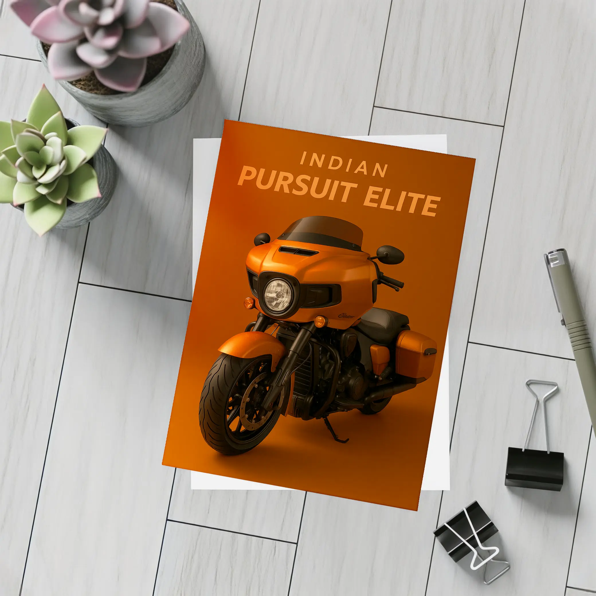 Indian Pursuit Elite Motorcycle Orange Background – Postcards