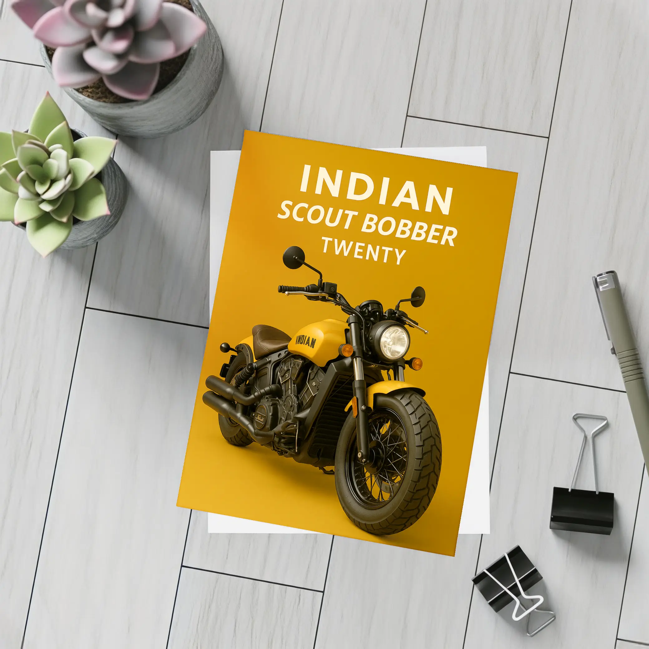 Indian Scout Bobber Twenty Yellow Background – Postcards