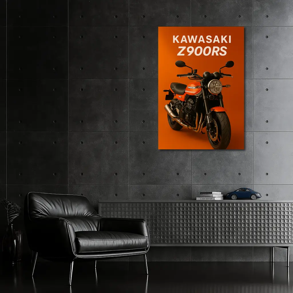 Kawasaki Z900RS Retro Motorcycle Orange Background – Wall Art