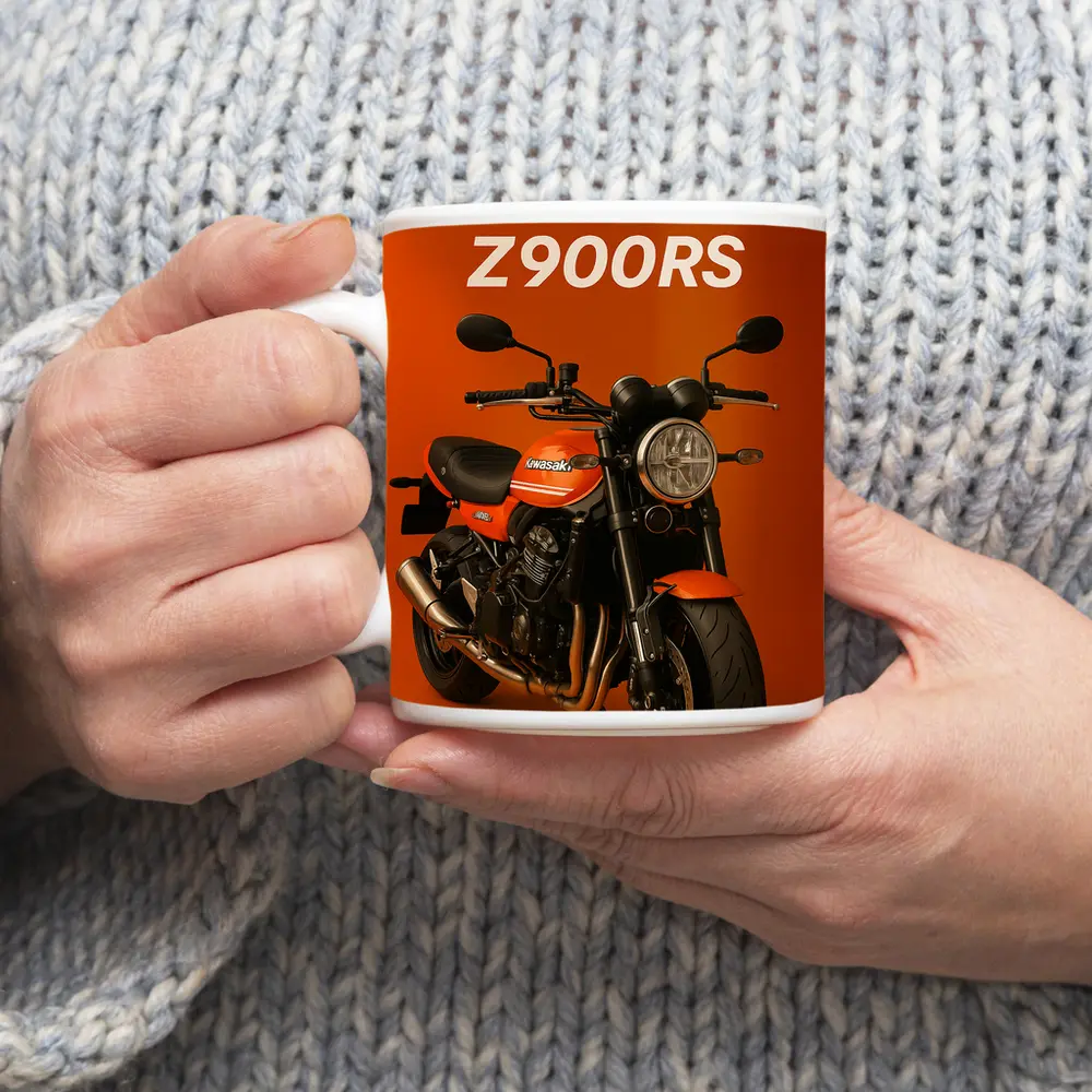 Kawasaki Z900RS Retro Motorcycle Orange Background – Mugs