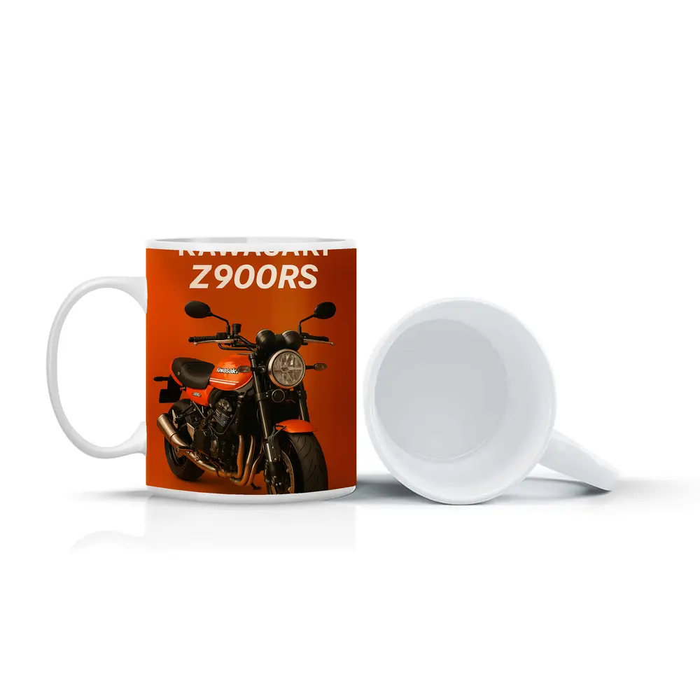 Kawasaki Z900RS Retro Motorcycle Orange Background – Mugs