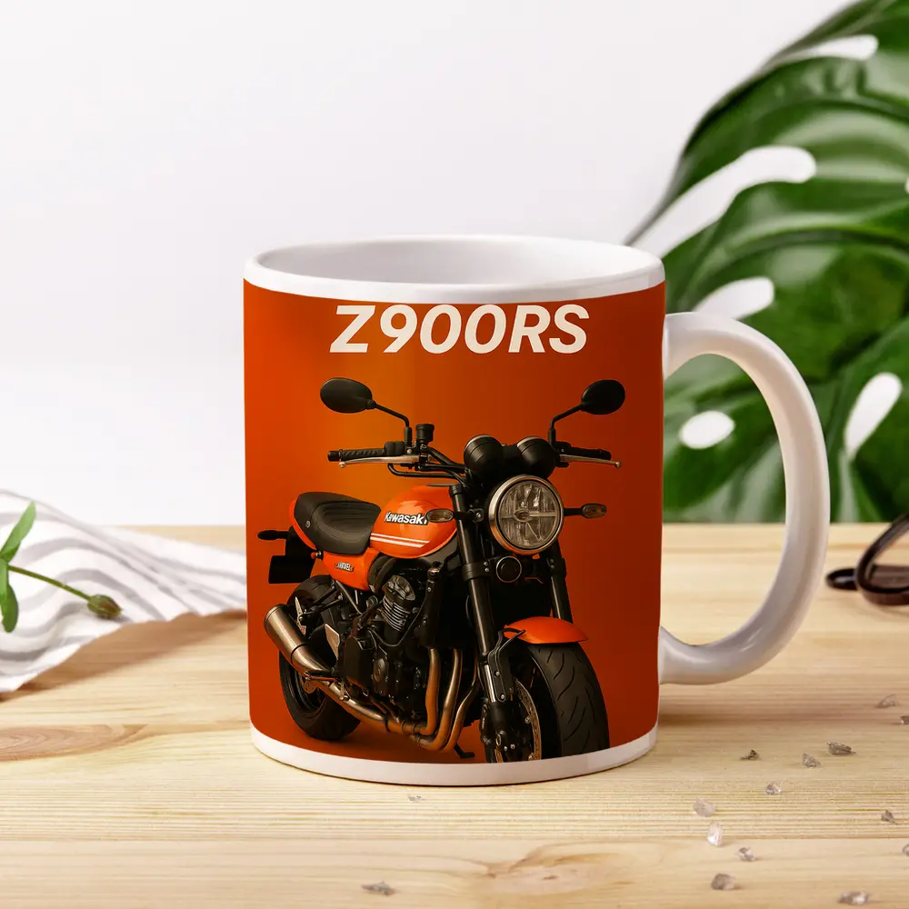 Kawasaki Z900RS Retro Motorcycle Orange Background – Mugs
