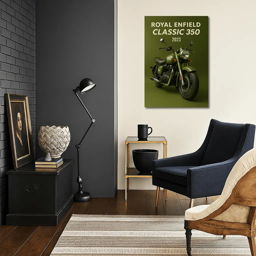 Royal Enfield Classic 350 Motorcycle Green Background – Wall Art