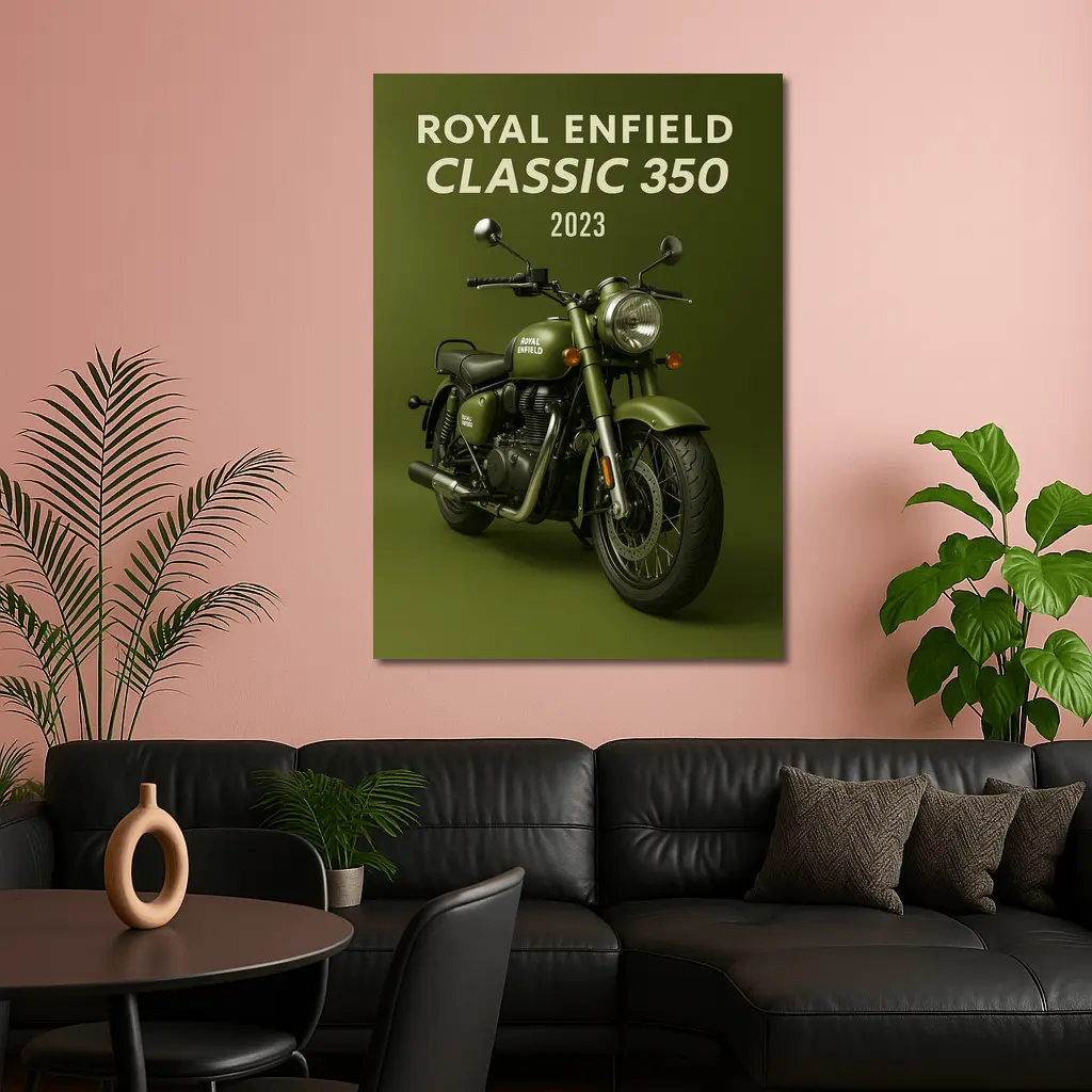 Royal Enfield Classic 350 Motorcycle Green Background – Wall Art