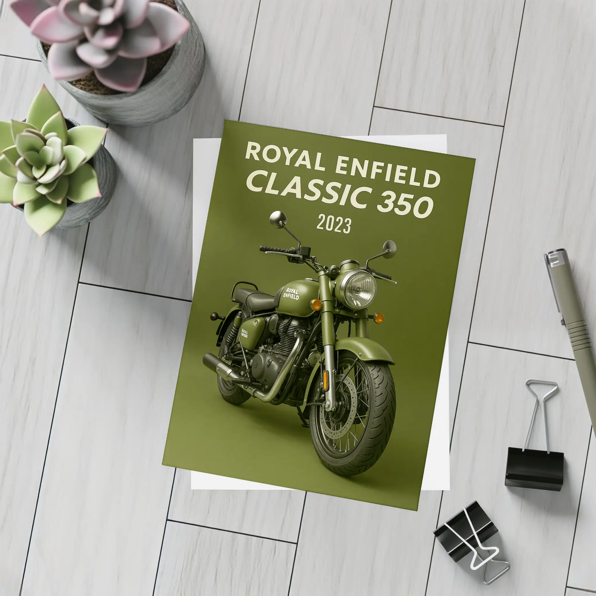 Royal Enfield Classic 350 Motorcycle Green Background – Postcards