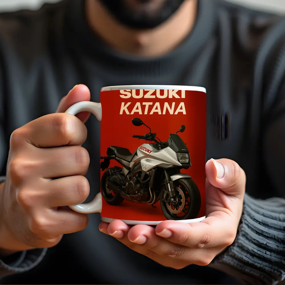 Suzuki Katana Motorcycle on Red Background – Mugs